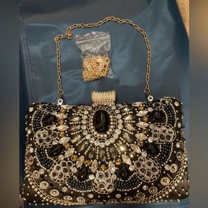 Beaded Black And Gold Clutch With Extended Strap